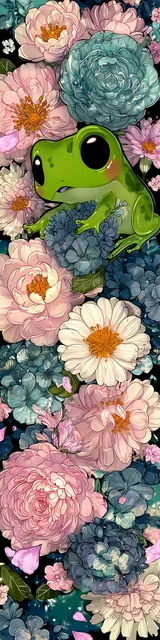 Free kawaii frog bookmark featuring green kawaii frog hiding in flowers